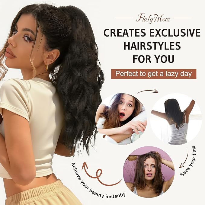 FLUFYMOOZ Ponytail Extension, 18 Inch Claw Clip Ponytail Extension, Wavy Curly Claw Clip in Ponytail Hair Extensions, Natural Fake Ponytail Synthetic Hairpiece for Women (Black Brown)