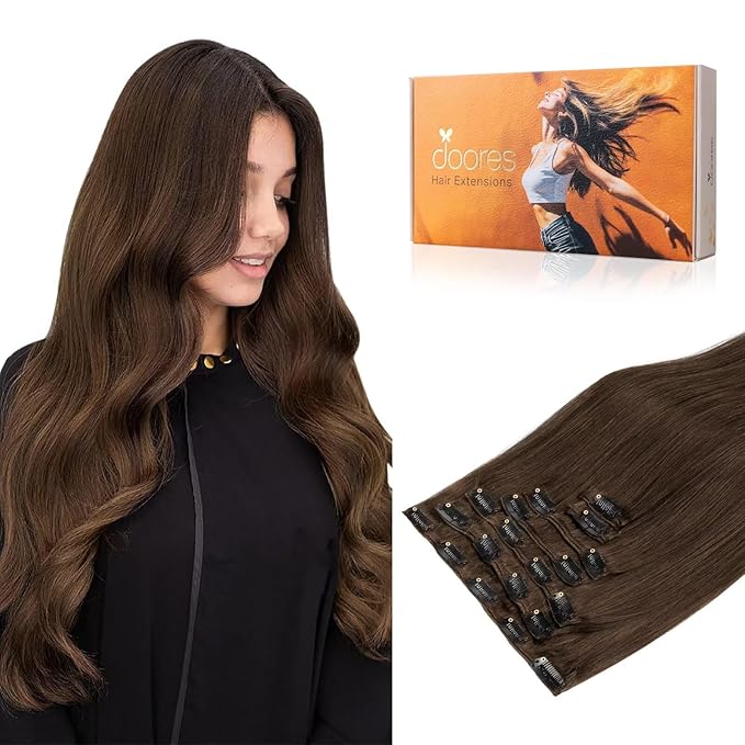 DOORES Human Hair Extensions Clip in Chocolate Brown 120g 7pcs 20 Inch Clip in Hair Extensions Remy Hair Extensions Straight Thick