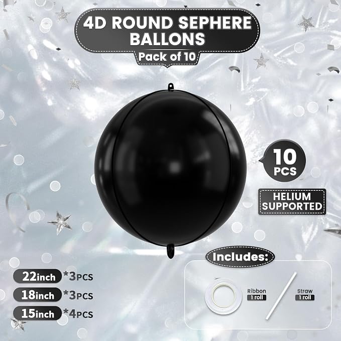 10Pcs Black Round Foil Balloons, Metallic Black Foil Baloon - Image 3