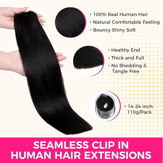 Lashey Seamless Clip in Hair Extensions Human Hair 7pcs 110g Light Yaki Straight Human Hair Extensions #1 Jet Black 18 Inch Clip in Hair Extensions for Women