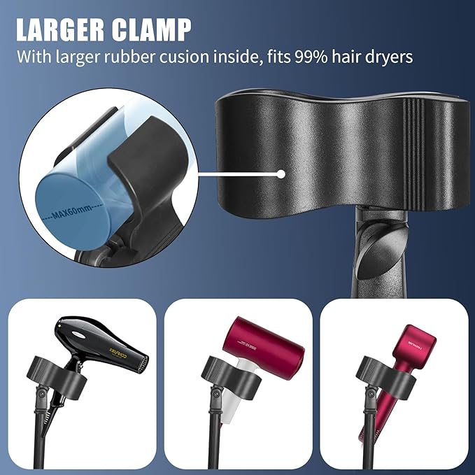 Hair Dryer Stand Hands Free - Heavy Duty Blow Dryer Stand Holder with Larger Clamp, 49in- 61in Height Adjustable Blow Dryer Floor Stand Countertop Stand Holder with Heavy Base for Women Pets