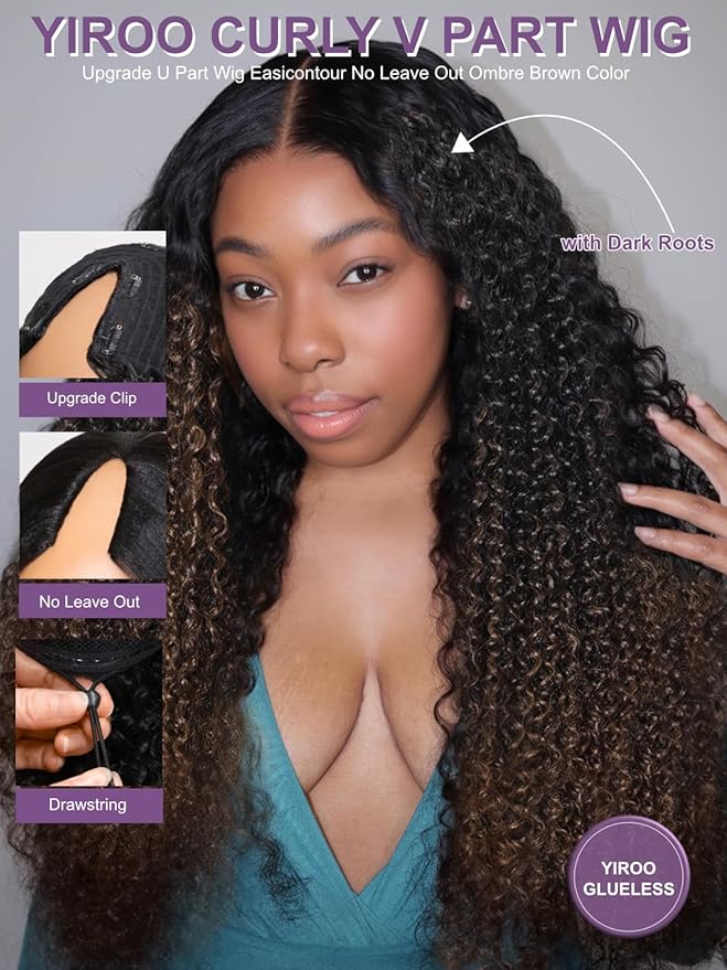 YIROO EasiContour V Part Ombre Brown Human Hair Wig Curly 12A Glueless Upgrade U Part Wig Ombre Black to Chestnut Brown No Leave Out V Shape Clip Wigs Ready to Go 150% Density Beginner Friendly 14Inch
