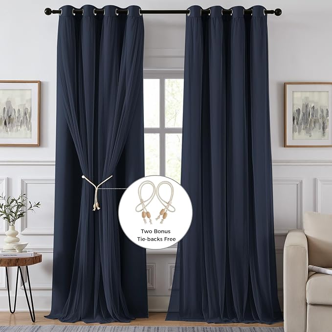100% Blackout Curtains for Bedroom, Double Layer Navy Blue Curtains, Room - Image 2