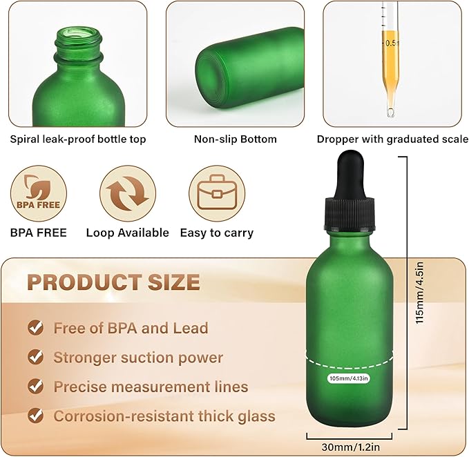 6 Pcs, 2oz Dropper Bottle, Green Glass Eye Dropper Bottle, Tincture Bottles with Dropper, Pretty Finish, Leak-Proof Design, Stronger Suction for All Kinds of Mixed Liquids