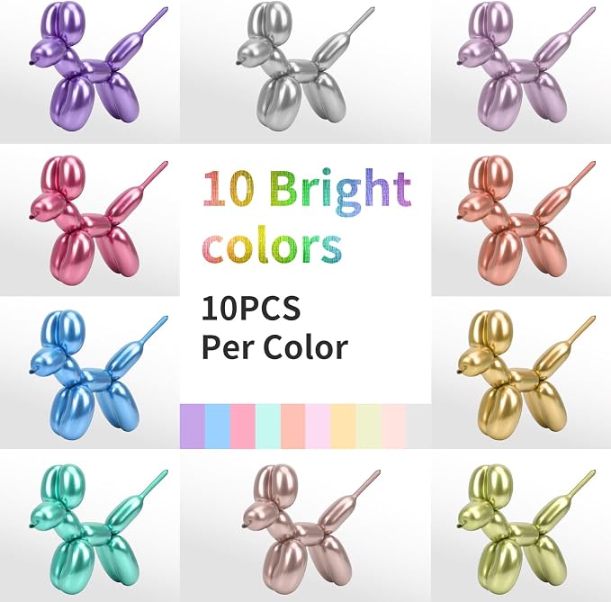 Rubfac 100pcs Metallic 260 Balloons, Latex & Metal, 10 Colors, Animal Shapes - Image 3