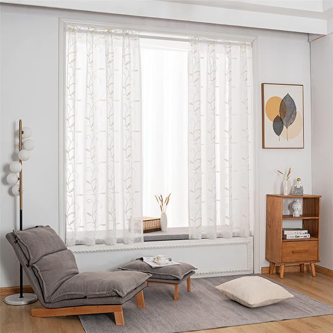 White Sheer Curtains Beige Embroidered Leaves 2 Panels 54Wx84L | Light - Image 6
