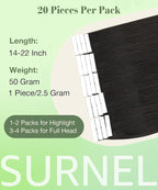 SURNEL Tape in Hair Extensions Double Drawn Hair #1B Off Black Remy Tape in Hair Extensions Human Hair 20 inch 20pcs 50g(#1B-20)