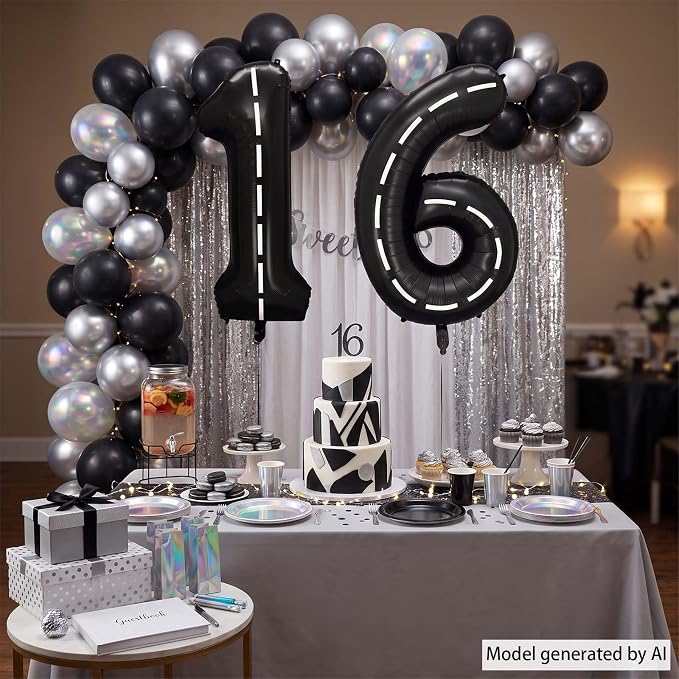 Black and White Stripes Number 16 Balloon 40 Inch, Road Finish Numeral | - Image 7