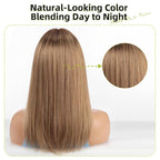 RSY Straight Human Hair Wigs for Women, Shoulder Length and Layered Real Hair Ombre Ash Blonde Wig with Bangs for Daily Party Use