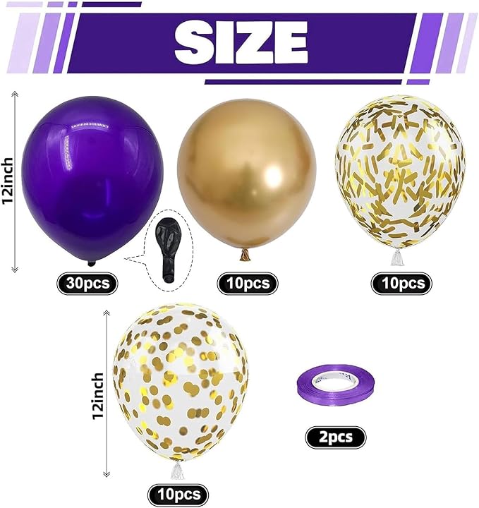 Purple and Gold Balloons, 60 Packs 12 Inch Dark Purple and Gold Confetti - Image 2