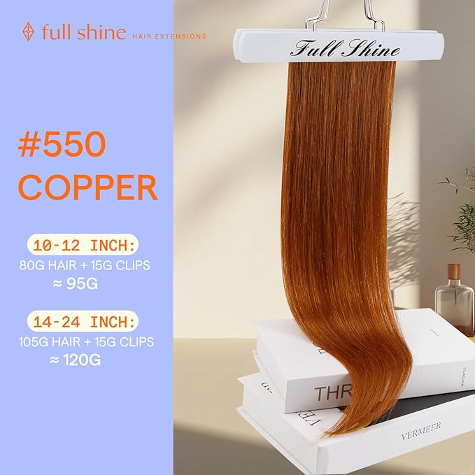 Full Shine Copper Clip in Hair Extensions Human Hair 22 Inch Copper Hair Extensions Clip ins for Women 7 Pcs 120 G