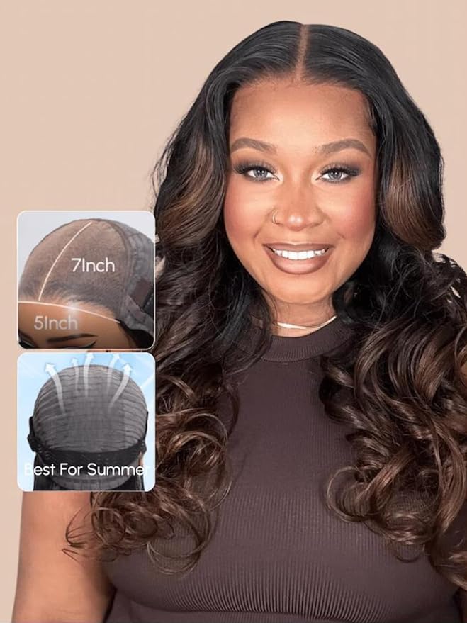 KLAIYI Ombre Brown Body Wave Bye Bye Knots Glueless Wig Pre Cut Lace Front Wigs Human Hair Chestnut Brown Loose Wave Pre Bleached Pre Plucked Wear and Go Wig with Dark Roots 30S Ready to Go Wig 24Inch