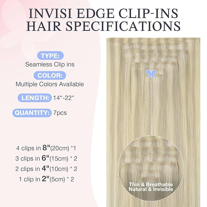 DOORES Clip in Hair Extensions Real Human Hair 16 inch 120g 7pcs Invisible Human Hair Extensions Clip ins, Injected Seamless PU Clipins Invisi Edge, 17/60 Ash Blonde Highlighted Platinum Blonde