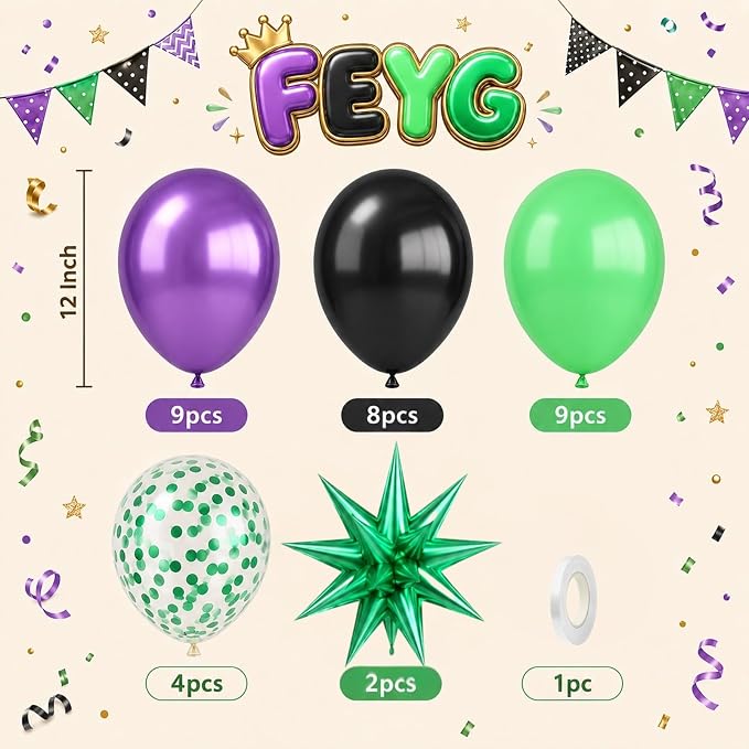 Purple and Green Balloons, 12 Inch Metallic Purple Black Green and Confentti - Image 2