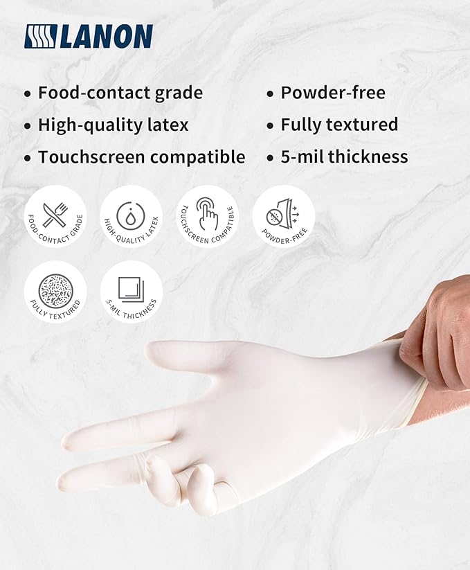 LANON 5 mil Latex Disposable Gloves, Food-Contact Grade, Powder-Free, Fully Textured, White, Small