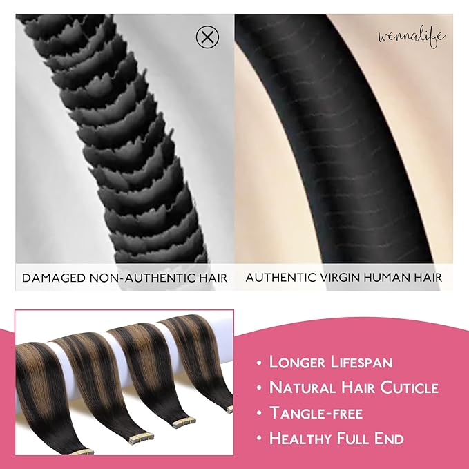 WENNALIFE Tape in Hair Extensions Human Hair Balayage Natural Black to Chestnut Brown, 10pcs 30g 22 inch Remy Invisible Tape Ins Straight Soft Real Human Hair Tape in Extensions