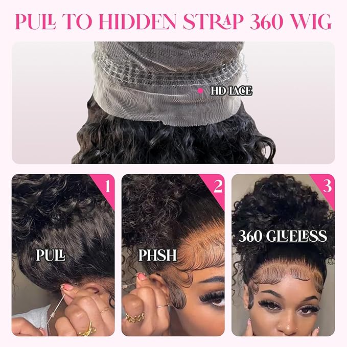 360 Glueless Wigs Human Hair 32 Inch Pre Plucked Hidden Strap Deep Wave Lace Front Human Hair Wigs With Drawstring 180 Density Wet and Wavy HD Full Lace Front Wigs Human Hair