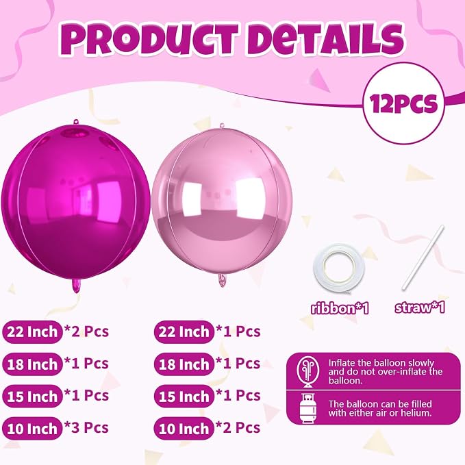 12Pcs Hot Pink and Pink Round Balloons Foil, Big Hot Pink Metallic Balloons - Image 2