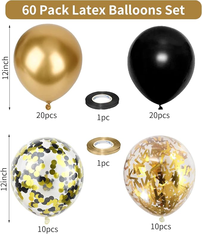 Balloons Black Gold, 60 Packs 12 Inch Black Metallic Chrome Gold Latex Balloons - Image 2