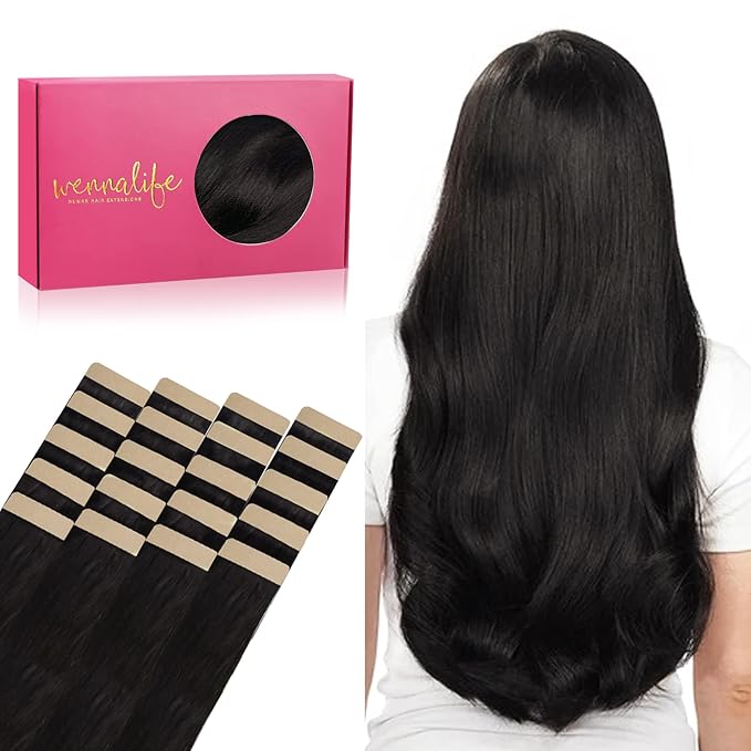 WENNALIFE Tape in Hair Extensions Human Hair, 20pcs 50g 16 inch Natural Black Remy Hair Extensions Straight Human Hair Tape in Extensions Skin Weft Tape Extensions Human Hair