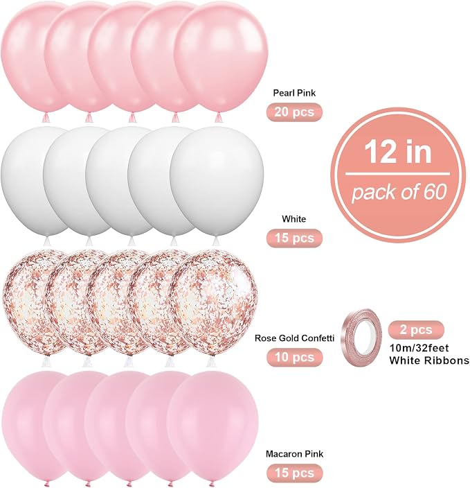 Pink White Balloons, 12 Inch Metallic Pink Latex Balloons Rose Gold Confetti - Image 3