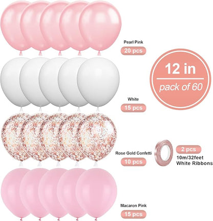 Pink White Balloons, 12 Inch Metallic Pink Latex Balloons Rose Gold Confetti - Image 3