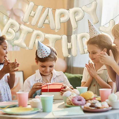 16" Cream Happy Birthday Balloon Banner Foil, Ivory White | white happy - Image 3