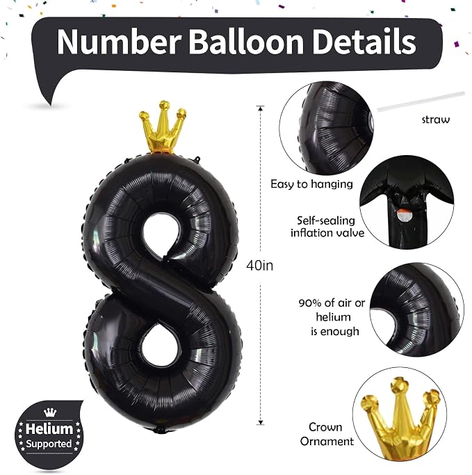 40 Inch Black Number Balloons, Big Crown Foil Number 8 Balloons - Image 2