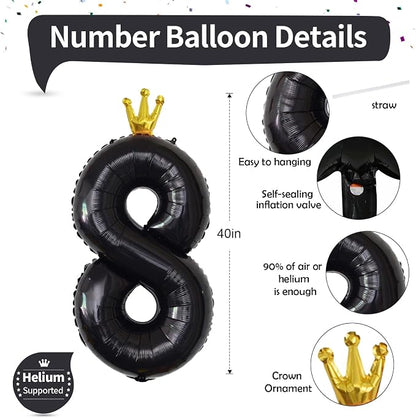 40 Inch Black Number Balloons, Big Crown Foil Number 8 Balloons - Image 2