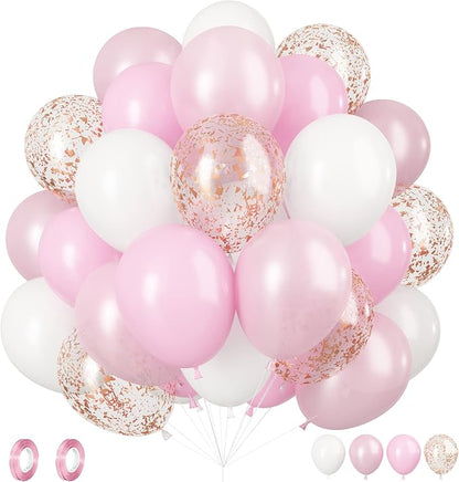 Pink White Balloons, 12 Inch Metallic Pink Latex Balloons Rose Gold Confetti - Image 2