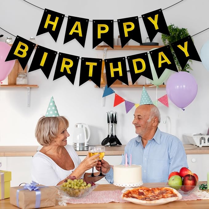 Pre-Strung Black and Gold Happy Birthday Banner Sign - Image 2