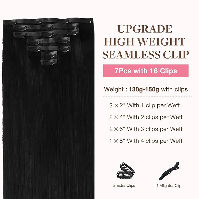 GOO GOO Clip in Hair Extensions Real Human Hair, Remy Human Hair Extensions Clip ins for Women, Natural Human Hair, 22inch 150g 7Pcs, 1 Jet black