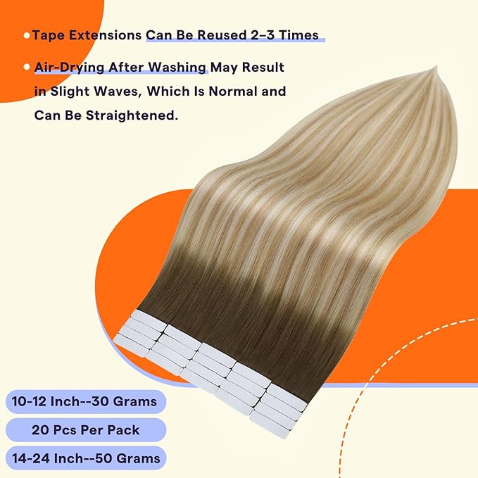 Full Shine Tape in Hair Extensions Ombre Human Hair 20 Inch 50g Real Hair Tape in Extensions Balayage Color 6 Chestnut Brown to 27 Honey Blonde and 60 Platinum Blonde Remy Soft Hair Extensions 20pcs