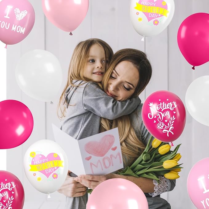 Paready Mother's Day Balloons Set, 12 Inch Helium Light Hot Pink White Latex - Image 5