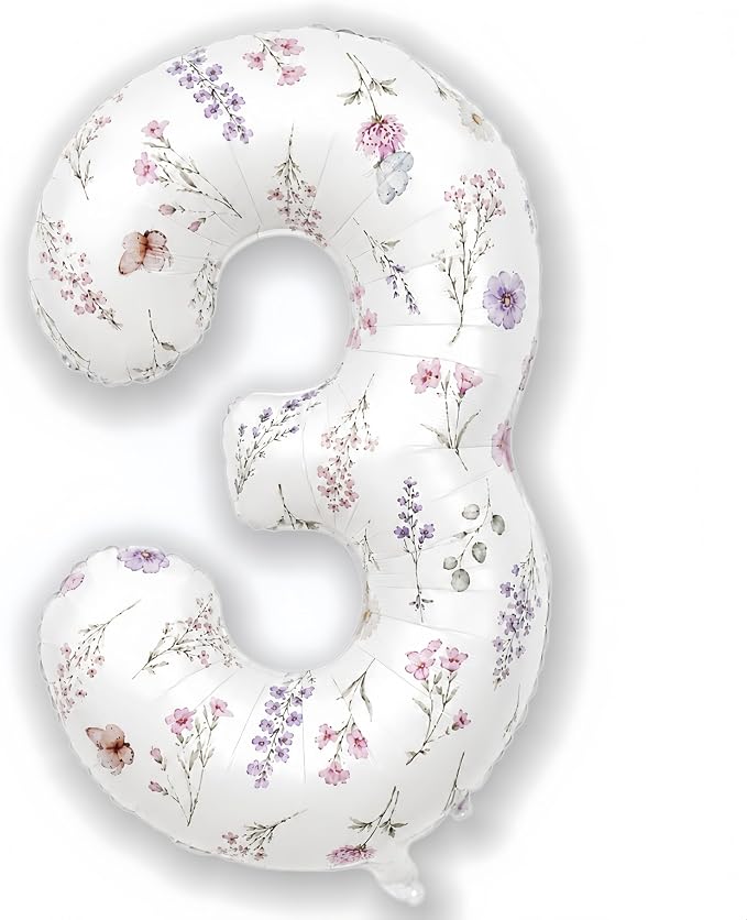 3rd Birthday Decorations for Girls, 40 Inch White Floral Number 3 Balloons | by Froova