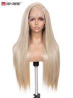 WIGNEE 13x6 Synthetic Lace Front Wig 28" Ash Blonde Wig Pre-Plucked Handmade Lace Front Wigs with Kanekalon Futura Hair Voluminous Long Straight Synthetic Wigs for Daily Party Use