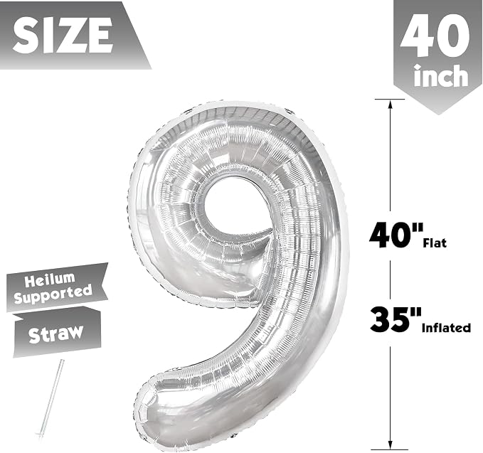 40 Inch Silver Number 9 Balloon Birthday Party Decorations - Image 5