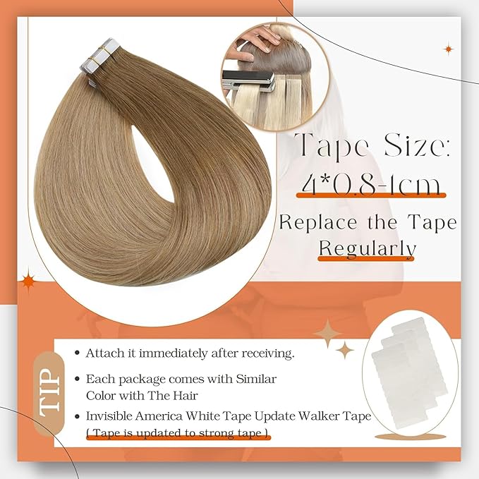 Full Shine Tape in Hair Extensions Real Human Hair 20 Inch Tape in Extensions Human Hair Color 10 Golden Brown to 14 Dark Blonde Remy Balayage Hair Extensions Tape ins 20 Pcs 50 Gram Straight Hair