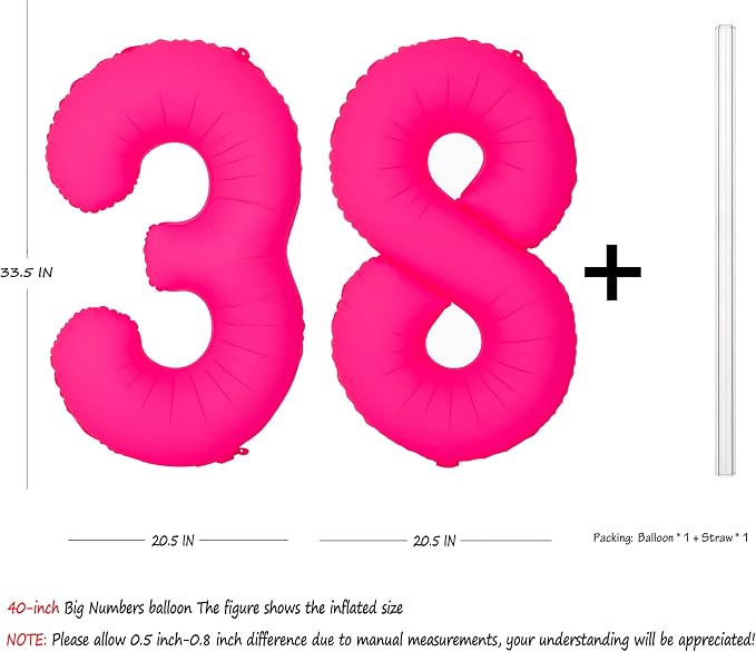 Pink Birthday Number 38 Balloons 40IN Fluorescent Pink 83 Foil Balloon | - Image 2