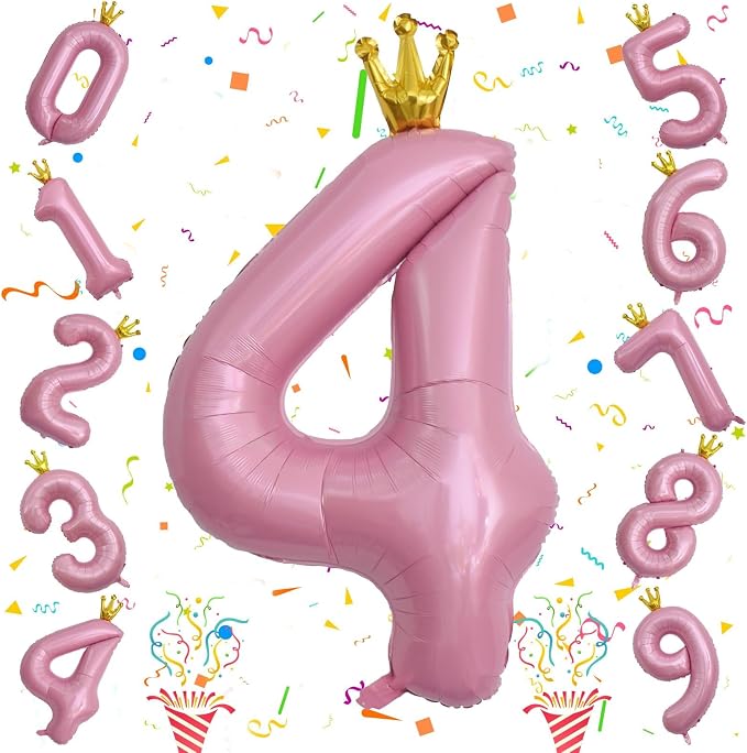 Crown Number Balloons 4 for Kids, Large Pastel Pink Number Balloon 0-9 Set - Image 8
