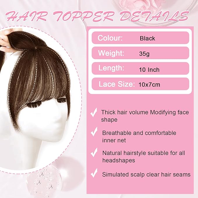 Hair Toppers for Women Real Human Hair Topper Clip in Bangs 360° Cover Remy Human Hair Straight Hairpieces for Thinning Realistic Scalp Swiss Lace Clip on Bangs Cover Gray Hairy Roots Chocolate Brown