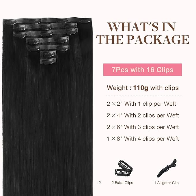 GOO GOO Clip in Hair Extensions Real Human Hair, Remy Human Hair Extensions Clip ins for Women, Natural Human Hair, 12inch 85g 7Pcs, #1B Natural Black