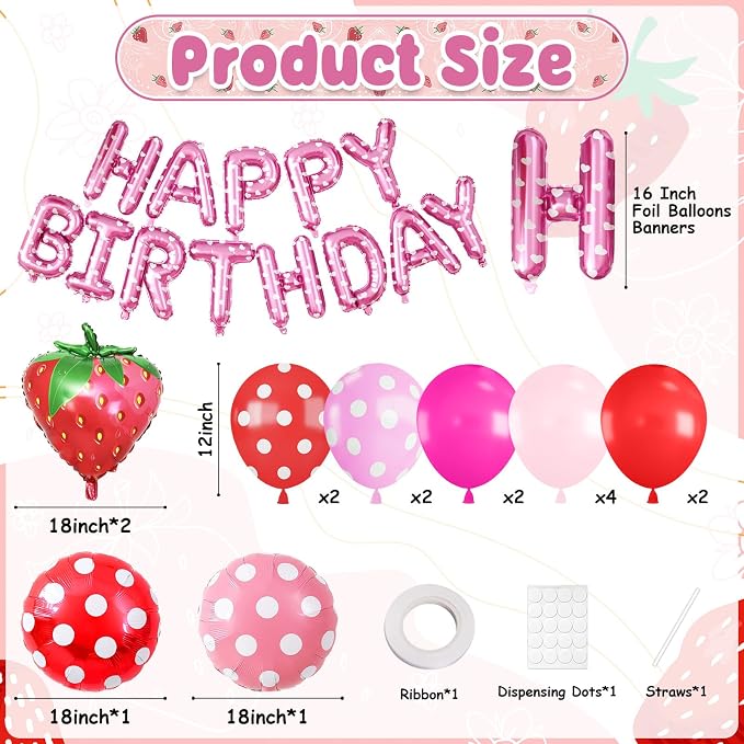 29PC Strawberry Happy Birthday Balloon Banner, 16Inch 3D Aluminum Letter Banner - Image 2