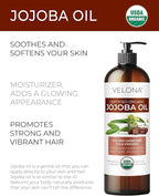 velona Jojoba Oil USDA Certified Organic - 16 fl oz (With Pump) | 100% Pure and Natural | Golden, Unrefined, Cold Pressed, Hexane Free | Moisturizing Face, Hair, Body, Skin Care