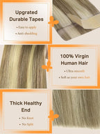 DOORES Human Hair Tape in Hair Extensions, Light Brown Highlighted Medium Blonde 18 Inch 50g 20pcs, Tape in Hair Extensions Remy Straight Hair Skin Weft