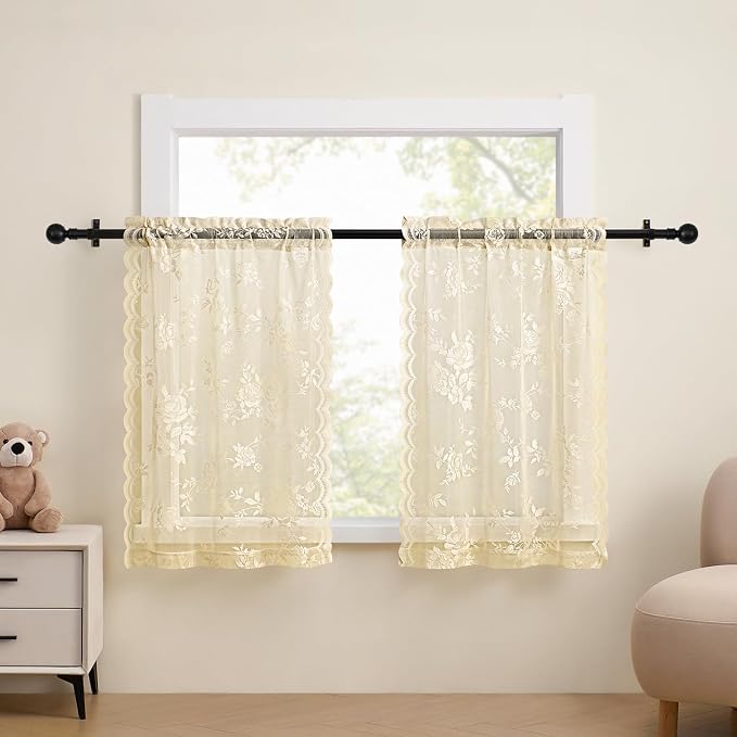 Beige Lace Cafe Curtains 24 Inch Length 2 Panels set Country Floral Sheer - Image 2