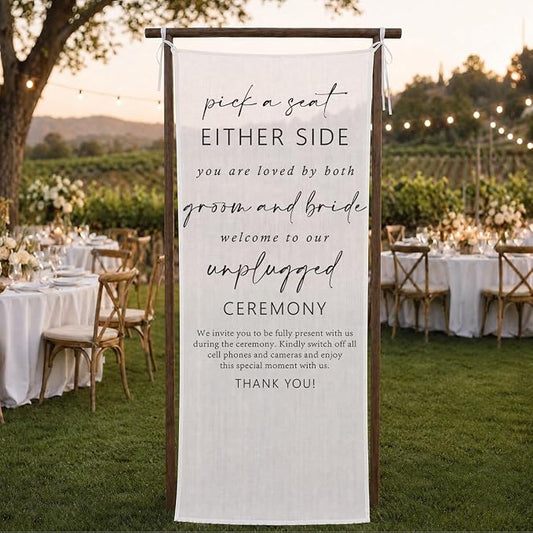 Pick a Seat Wedding Banner 73 x 30 Inch, Polyester Unplugged Ceremony Sign by SHESCRZIONU