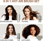 8-in-1 Dual Voltage Hot Air Styler & Hair Dryer Brush with Straightener & Curler Attachments, 110,000 RPM Ionic Fast Drying for Frizz-Free Styling, Includes Travel Bag