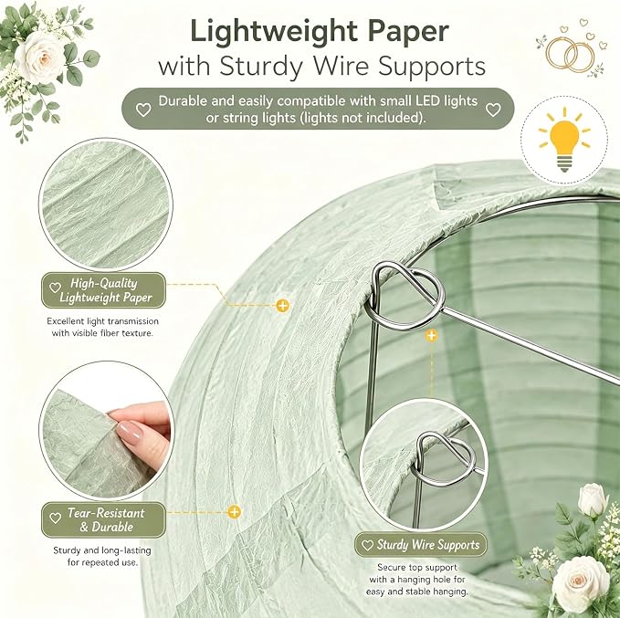 Boho Paper Lanterns Set of 12, 6/8/10 Inch Sage Green, Bridal Shower & Party - Image 6