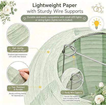 Boho Paper Lanterns Set of 12, 6/8/10 Inch Sage Green, Bridal Shower & Party - Image 6